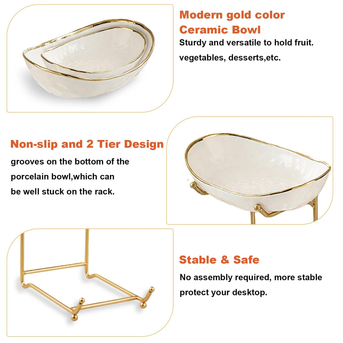 jessie 2 Tier Ceramic Fruit Bowl for Kitchen Counter with Metal Rack, Fruit Basket with Stand, Porcelain Bowls for Vegetable Bread Candy Snack Nuts Dessert Cake Tray (Gold 2 layer)