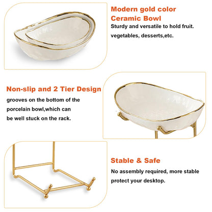 jessie 2 Tier Ceramic Fruit Bowl for Kitchen Counter with Metal Rack, Fruit Basket with Stand, Porcelain Bowls for Vegetable Bread Candy Snack Nuts Dessert Cake Tray (Gold 2 layer)