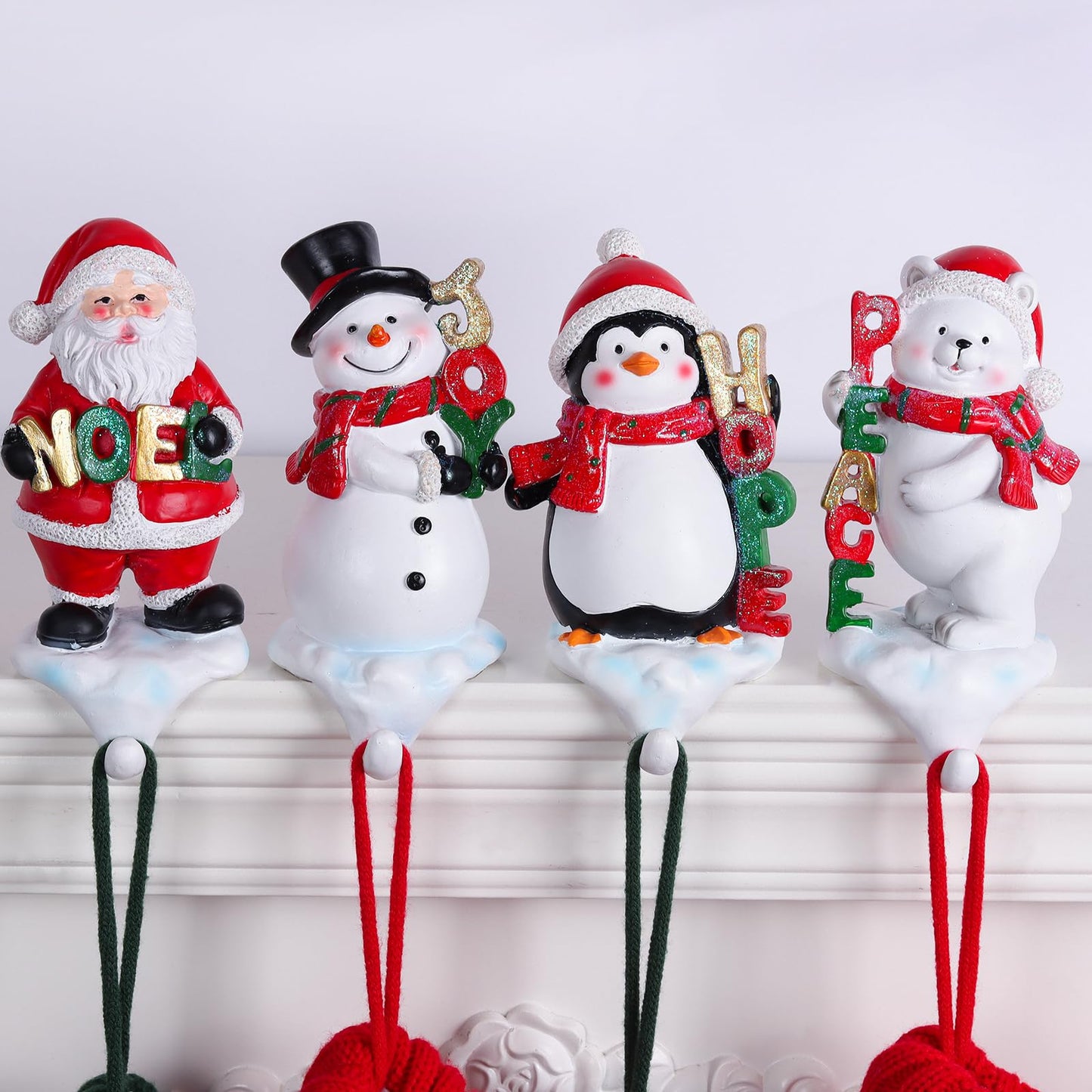 XENTUMI Stocking Holders for Mantle, 3D Stocking Holders, Christmas Stockings Holder Set of 4, Fireplace Stocking Hanger Hooks for Christmas Mantel Decoration