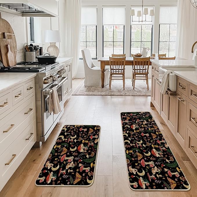 Artoid Mode Black Mushrooms Butterfly Spring Kitchen Mats Set of 2, Home Decor Low-Profile Kitchen Rugs for Floor - 24x35 and 24x59 Inch