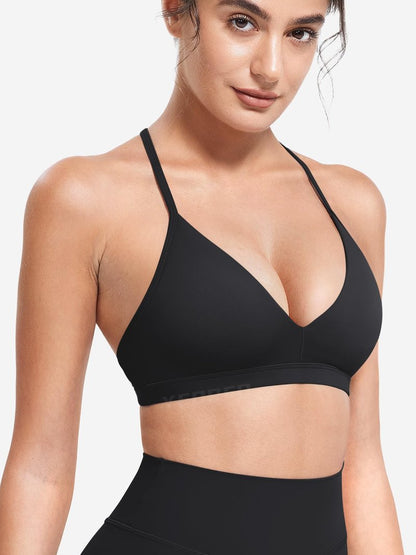 YEOREO CoreFlex Sports Bras for Women Strappy Padded Halter Open Back Light Impact Deep V Neck Yoga Workout Gym Tops Black M