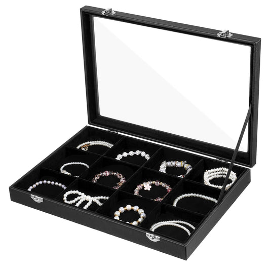 12 Grid Stackable Bracelet Holder Organizer Box for Drawer Tray, Velvet Jewelry Organizer Box Bracelet Display Jewelry Trays with Transparent Glass Lid Bangle Necklace Ring Holder Case for Selling
