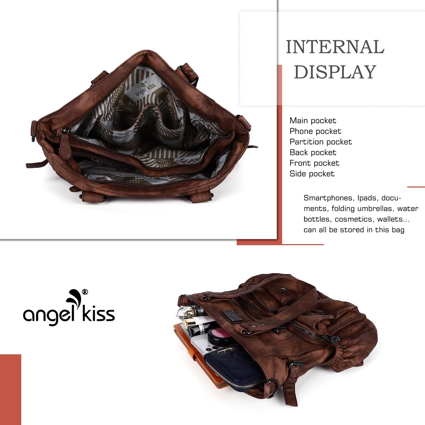 Angel Kiss Large Purses for Women Soft PU Leather Hobo Bag for Women Shoulder Bag Brown