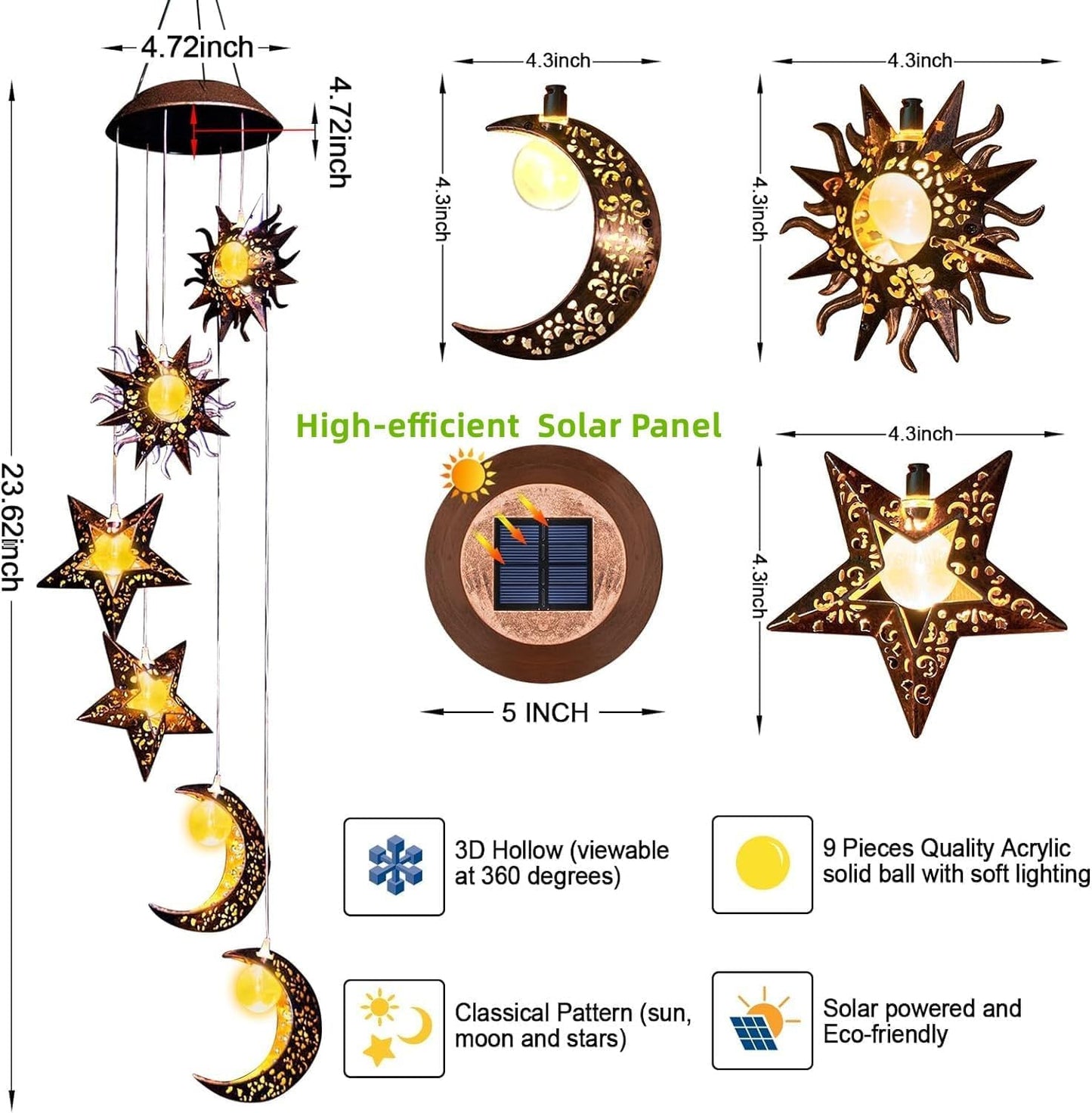 Solar Wind Chimes for Outdoor Lights Sun Moon Star for Women Mom Wife Hanging Decor Outdoor Sympathy Wind Chimes for Garden Patio Balcony Birthday Womens Gifts