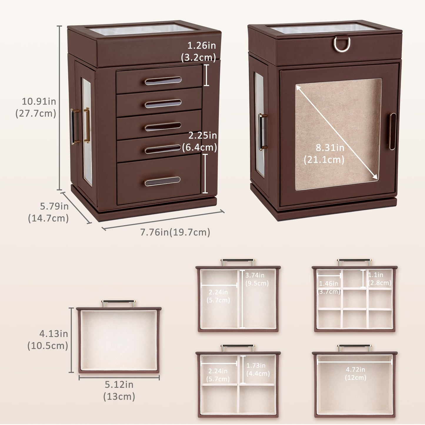 Kendal 360° Rotating Jewelry Box - Brown PU Leather Jewelry Organizer with Shadow Box & Pinboard, Detachable Top Tray, Drawers & Push Pins for Personalized Accessory Display & Storage