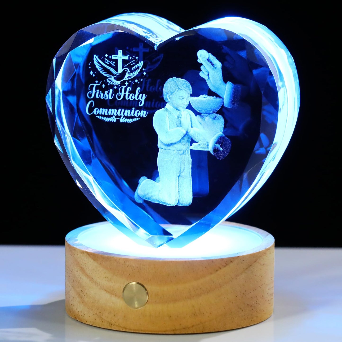 Arikyrist 3D Crystal First Holy Communion Gifts for Boys Men Crystal Heart Laser Engraving Communion Baptism Statue with Wooden Light Base Glass Religious Catholic Christian Decor