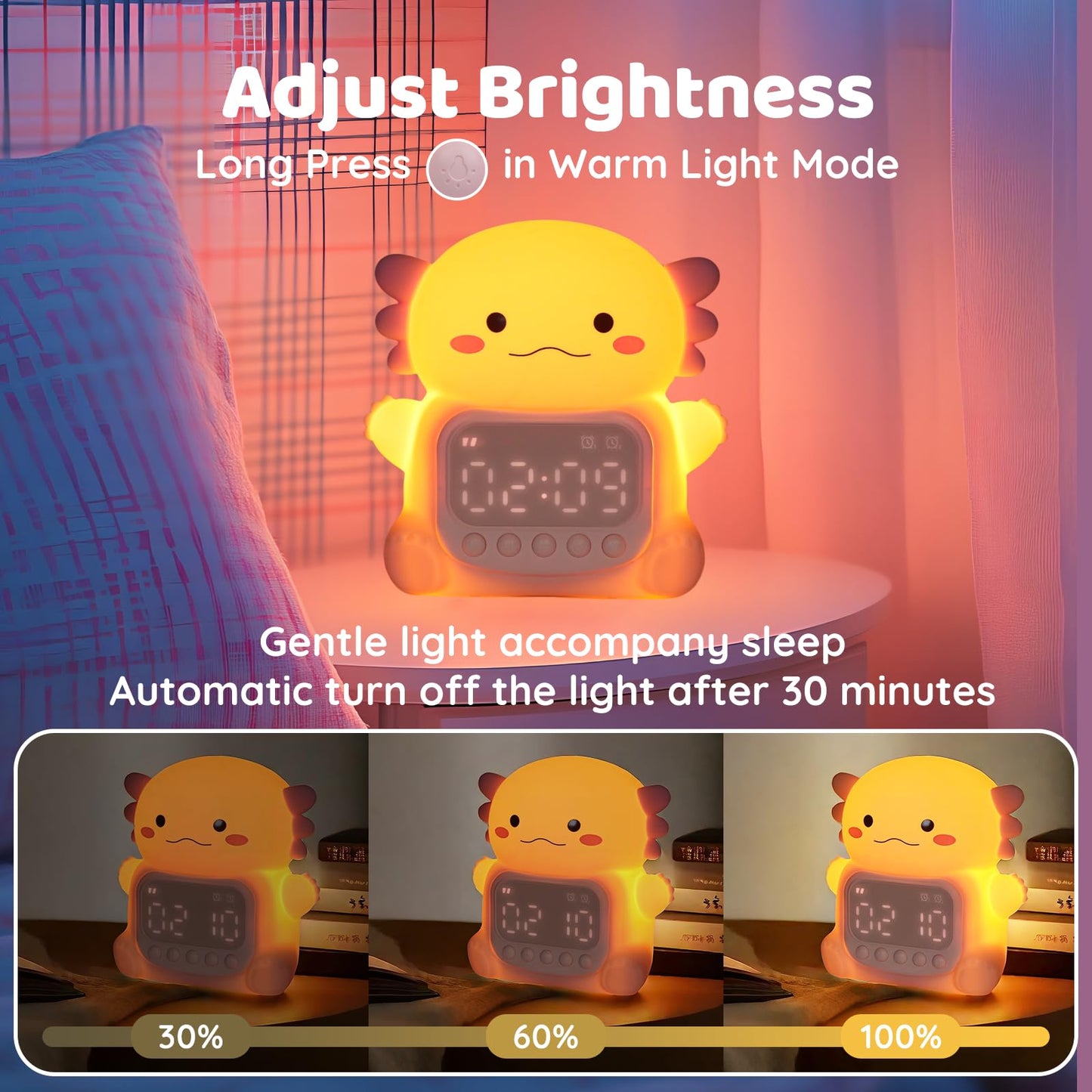Aokpsrt Axolotl Alarm Clock with Night Light for Kids, Rechargeable Silicone Lamp Time to Wake Clock，Cute Animal Tabletop Lamp, Perfect Sleep Companion for Boys Girls