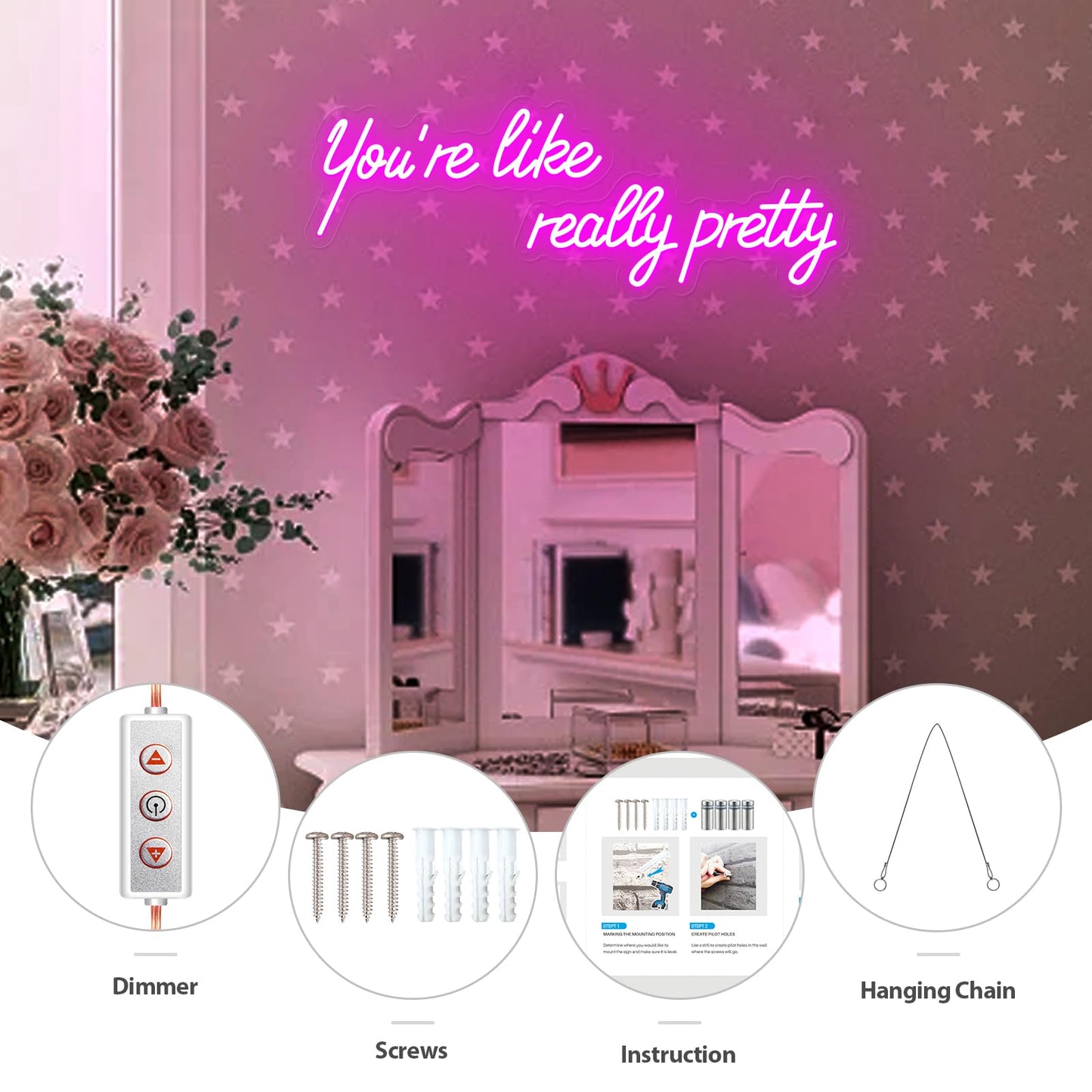 You're Like Really Pretty Neon Sign, Pink Handmade You're Like Really Pretty Led Neon Light Timer Dimmer for Wedding, Girls Room Bachelorette Party Home Dorm Bedroom Birthday Christmas Gift - 15.6''