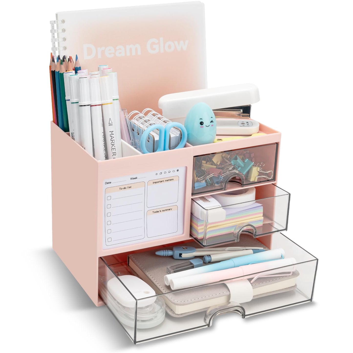 QIYVLOS Multi-Functional Desk Organizer with 3 Drawer and 8 Compartments, Pink