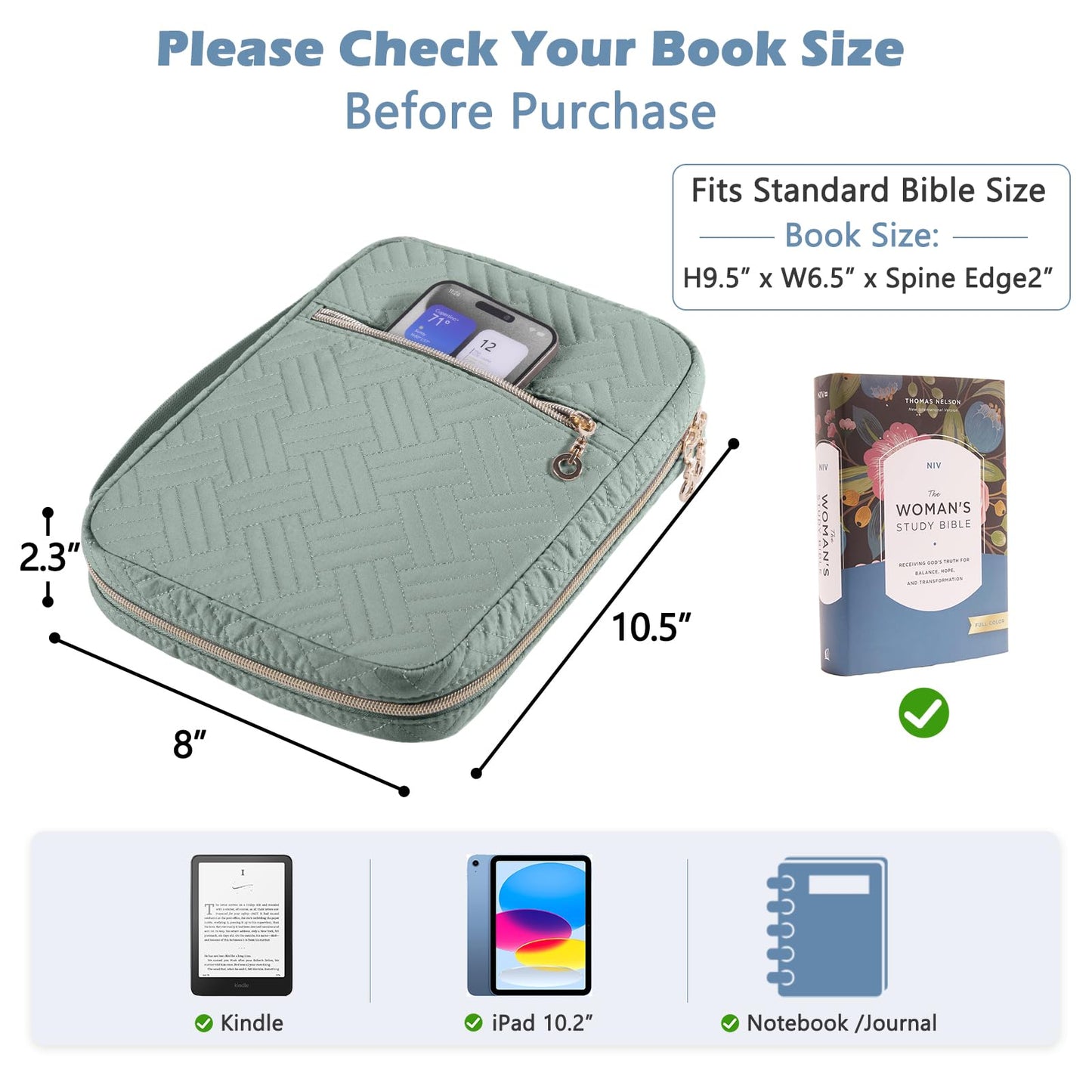 APLUFINE Quilted Bible Cover for Women, Large Bible Bag with Handle & Shoulder Strap, Bible Study Supplies Organizer, Zipper Bible Carrying Case, Christian Gift Book Cover Fits 9 x 6 Bible