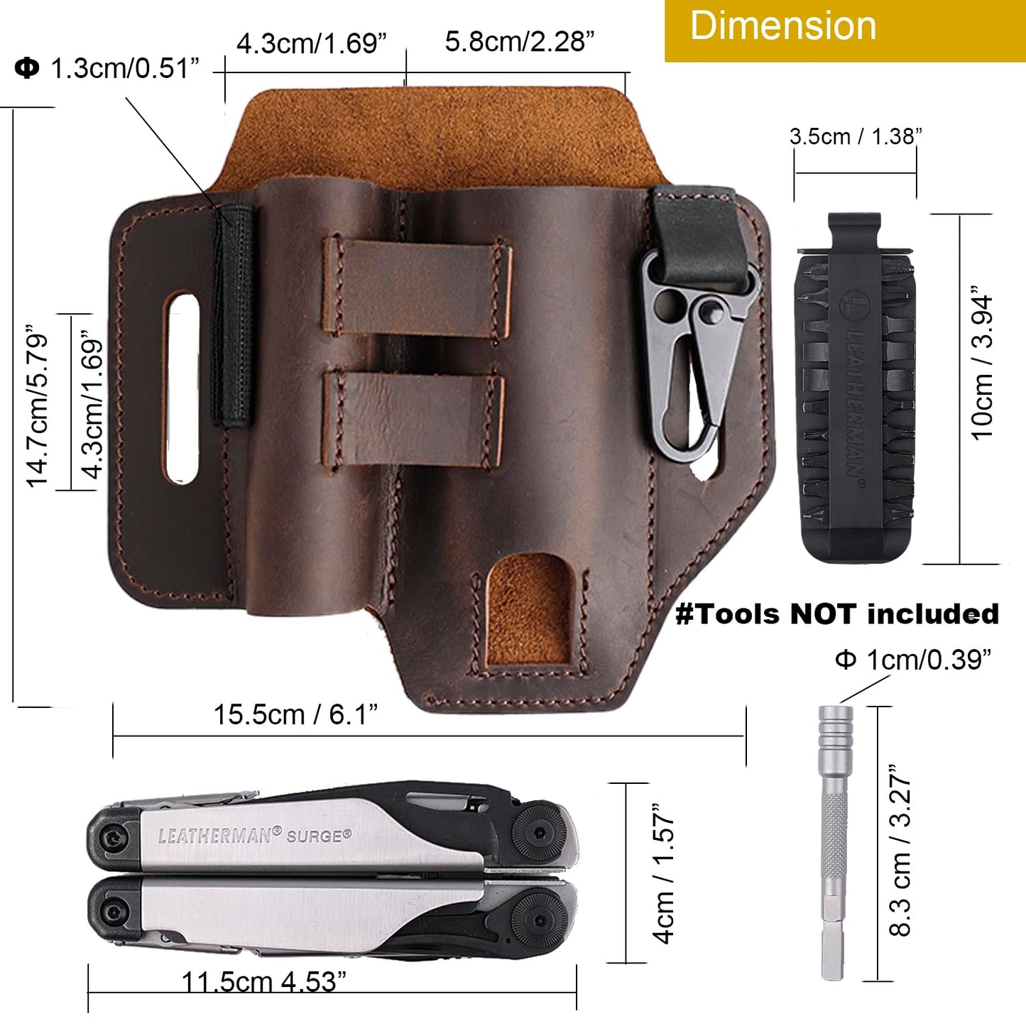Topstache Multitool Sheath for Belt - EDC Belt Organizer - Leather Multitool Holster with Flashlight Holder, Elastic Band Pen Holder and Keychain Clip - Multitool Holder - Multitool Pouch, Darkbrown