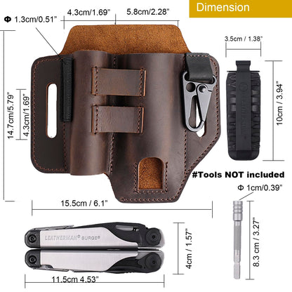 Topstache Multitool Sheath for Belt - EDC Belt Organizer - Leather Multitool Holster with Flashlight Holder, Elastic Band Pen Holder and Keychain Clip - Multitool Holder - Multitool Pouch, Darkbrown