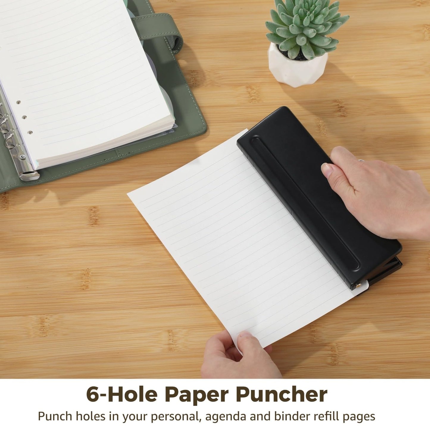 6-Hole Paper Puncher Black, Accommodates A4, A5, A6, A7, A8, B5, M5 Refills, with Adjustable Hole Spacing and Positioning Scale, Punches 6-7 Sheets for Planner, Loose Leaf, and Scrapbooking