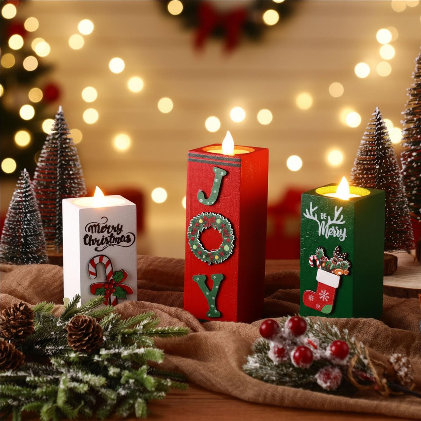 SiliFine 3 Pcs Christmas Candle Holders Xmas Table Centerpieces Decorations Wooden Tealight Candle Holders Rustic Table Centerpieces for Home Office Xmas Decor Gifts
