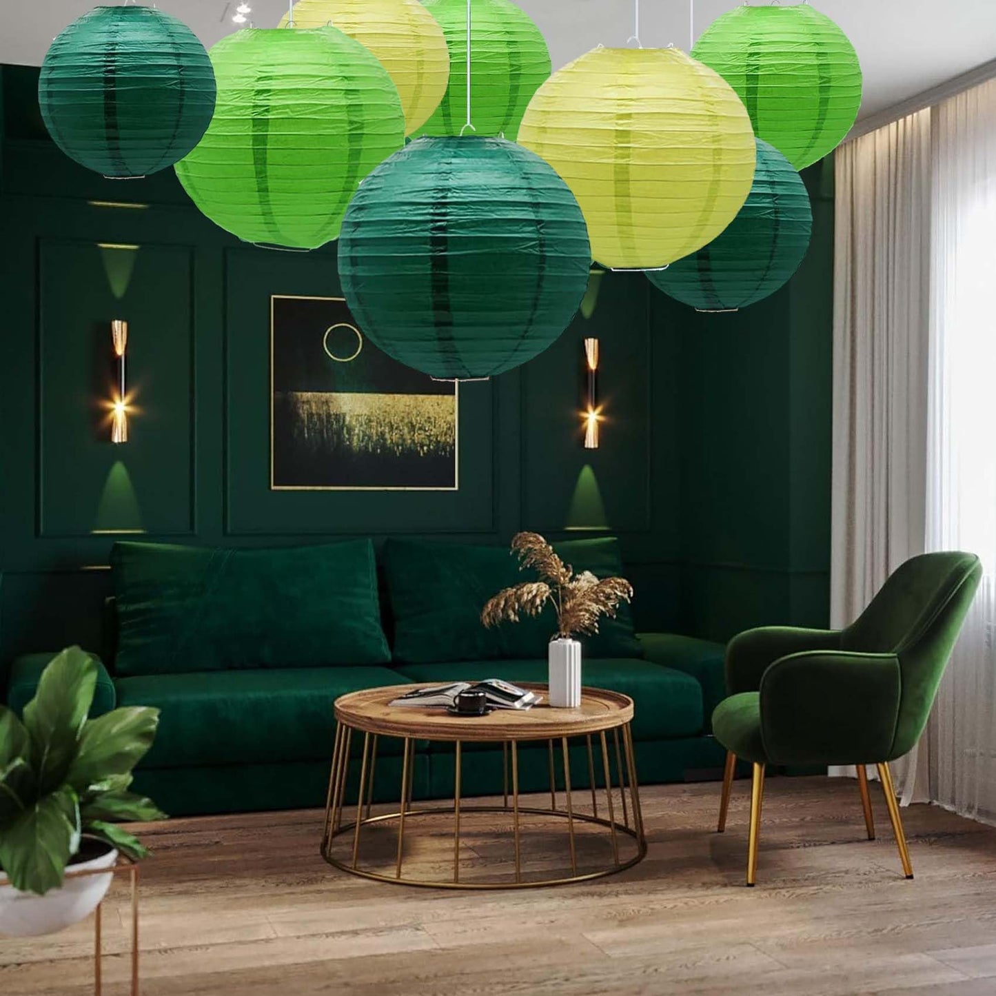 Green Paper Lanterns 12Pcs Hanging Chinese Lanterns for Wedding Birthday Baby Shower Christmas Graduation Anniversary Other Themed Bachelorette Decor DIY Activities