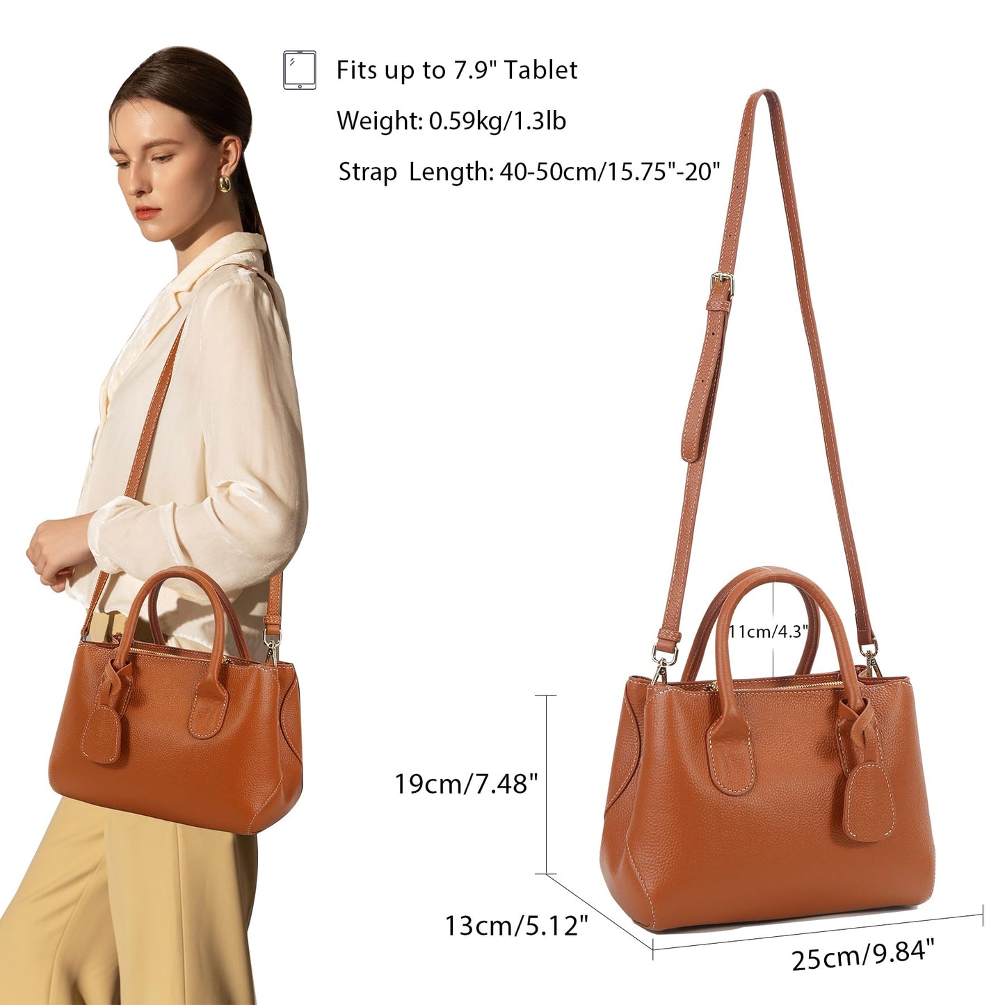 Genuine Leather Medium Tote Bag for Women – Vintage Office Style, Hand-Held/Crossbody Shoulder Bag, Fits 7.9" Tablet