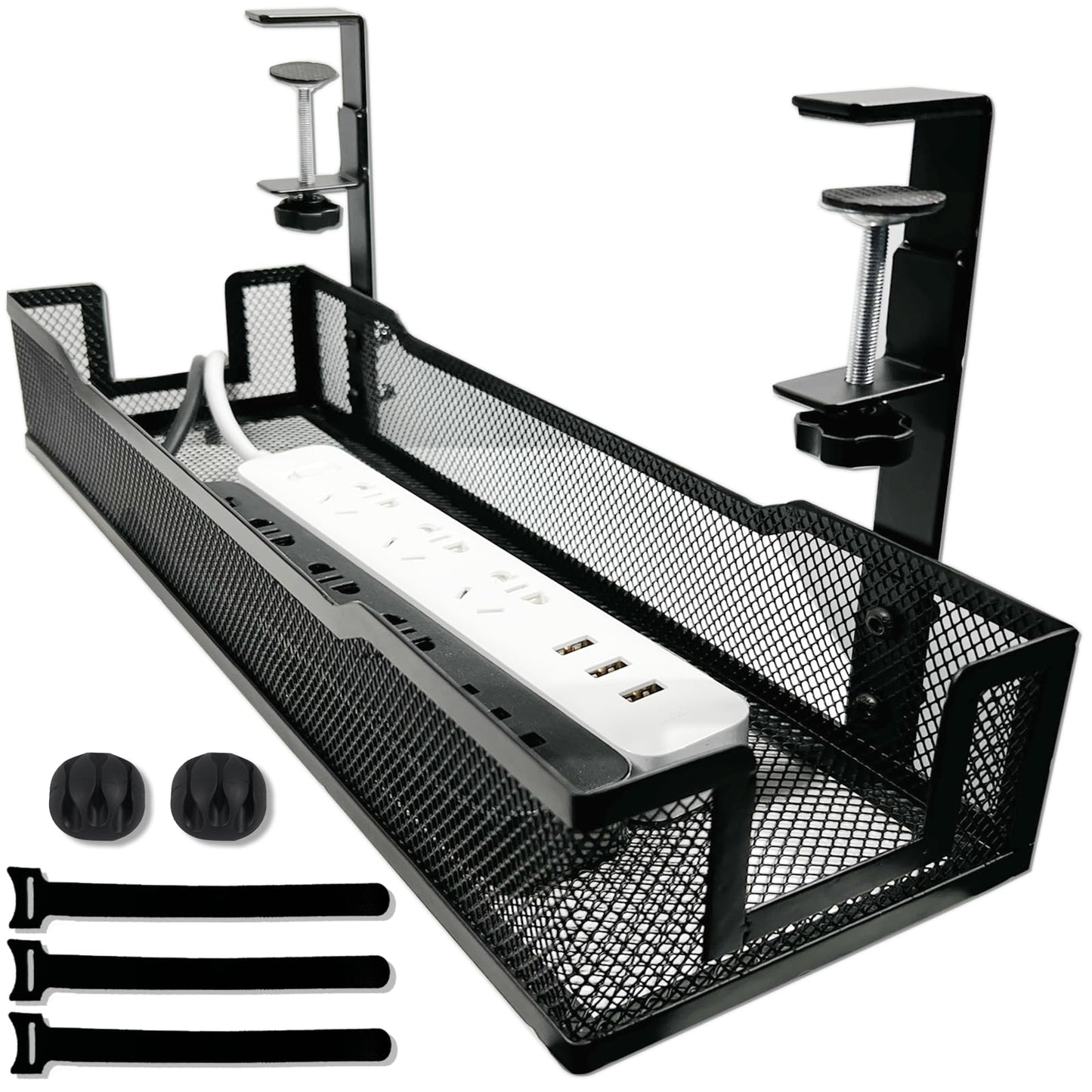 No Drill Under Desk Cable Management Tray with clamp-Premium Wire Tray Cord Organizer – Thin Steel Cable Tray Basket with Charger Holder for Desk–Black Cable Management Box–Easy to Install