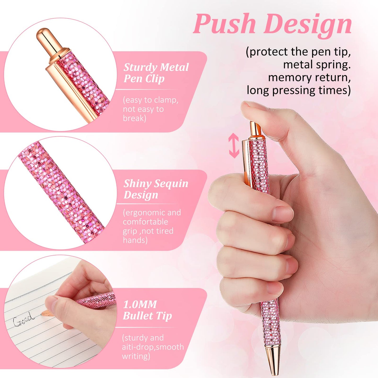 BBTO Bling Sequin Pen Holder with 6 Pcs Sequin Click Pens Cute Glitter Retractable Ballpoint Pens, Pencil Cups for Desk Organizer Makeup Brush Holder for Women Girls Classroom Offices(Pink)