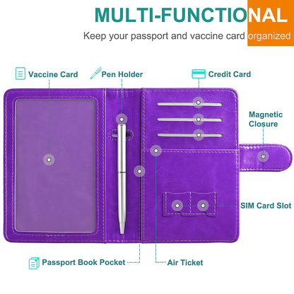 RSAquar Unisex Faux Leather Passport and Vaccine Card Holder Combo, Purple, Slim and Lightweight with RFID Blocking Technology