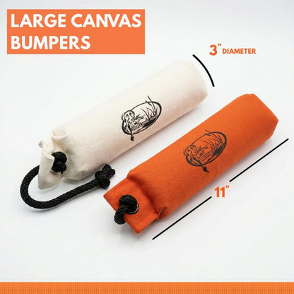 HuntEmUp 3" Canvas Dog Training Bumper – Retrieving Dummy for Retriever & Hunting Dog Training – Floating Water Dummy with Throw Rope – Mixed (6 Pack)