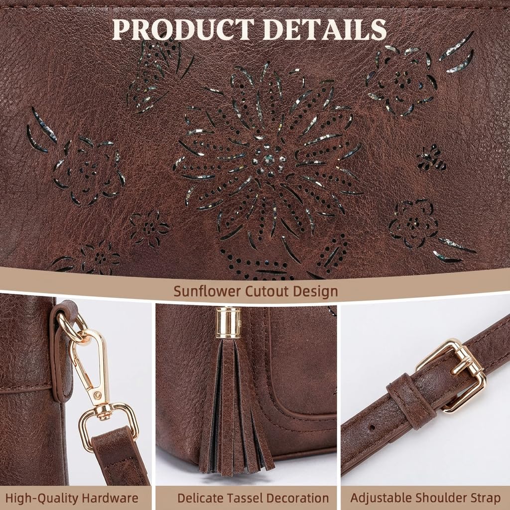 HAYRVANE Crossbody Bags for Women,Vegan Leather Cell Phone Purse with Tassel Multi Pocket Travel Shoulder Handbags Coffee