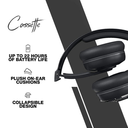 Skullcandy Cassette Wireless On-Ear Headphones, Up to 22 Hours Battery, Foldable Lightweight Design, Backup 3.5mm AUX Cable Included, Microphone for iPhone Android - Black