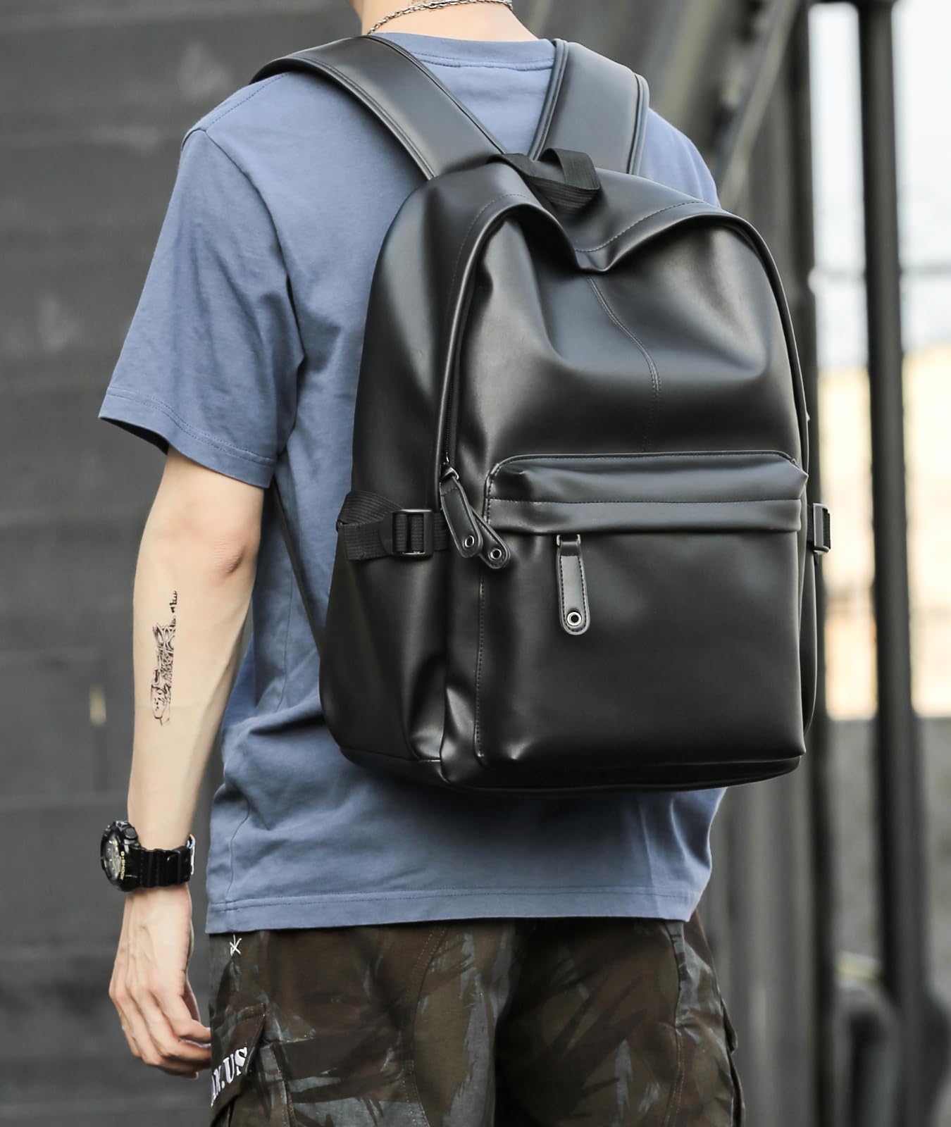 MOYYI Leather Backpack for Men Black Large Backpack Fit 15.6inch Laptop Rucksack Waterproof for business Commute Casual Daypack