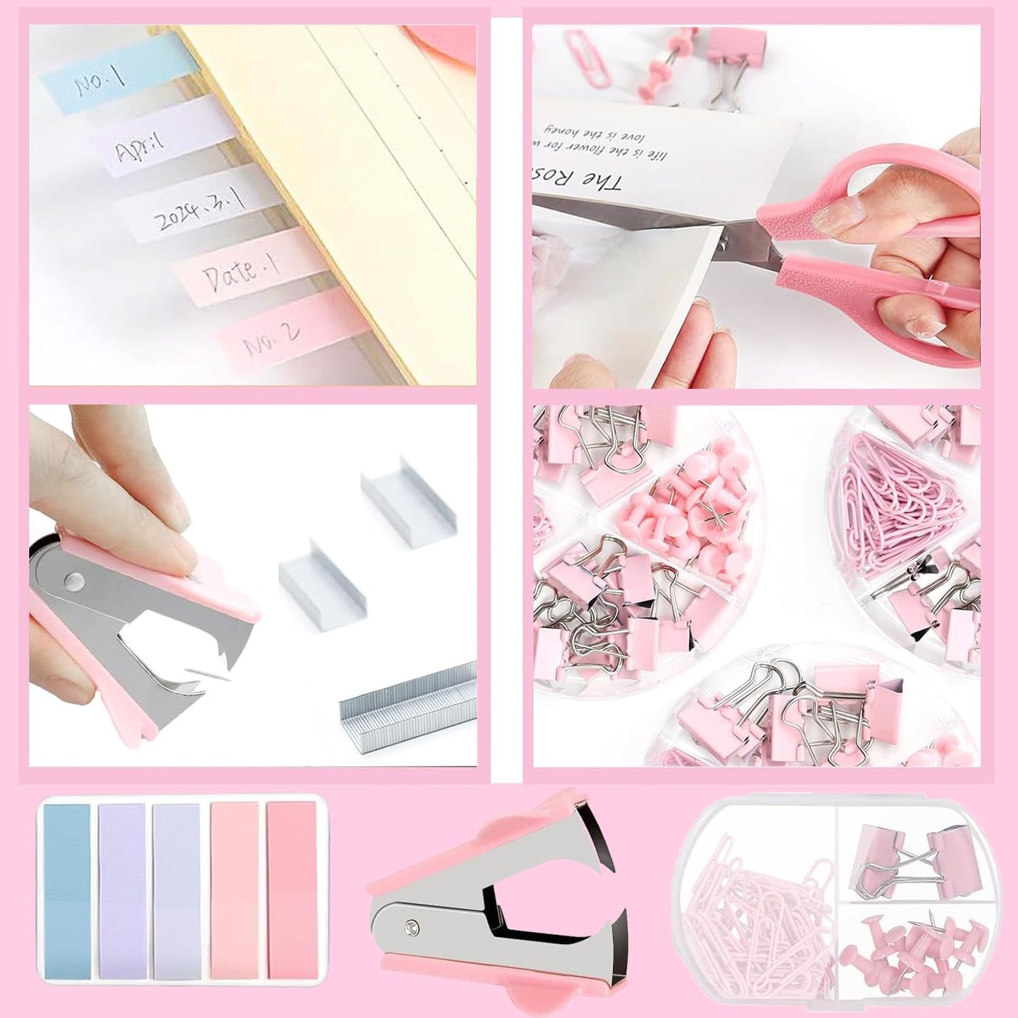 12 Pack Office Supply Kit,Pink Office Supplies Includes Stapler,Tape Dispenser,Staple Remover,Staples,Clips,Scissor,Staples,Clips,Scissor,Ruler and Tabs