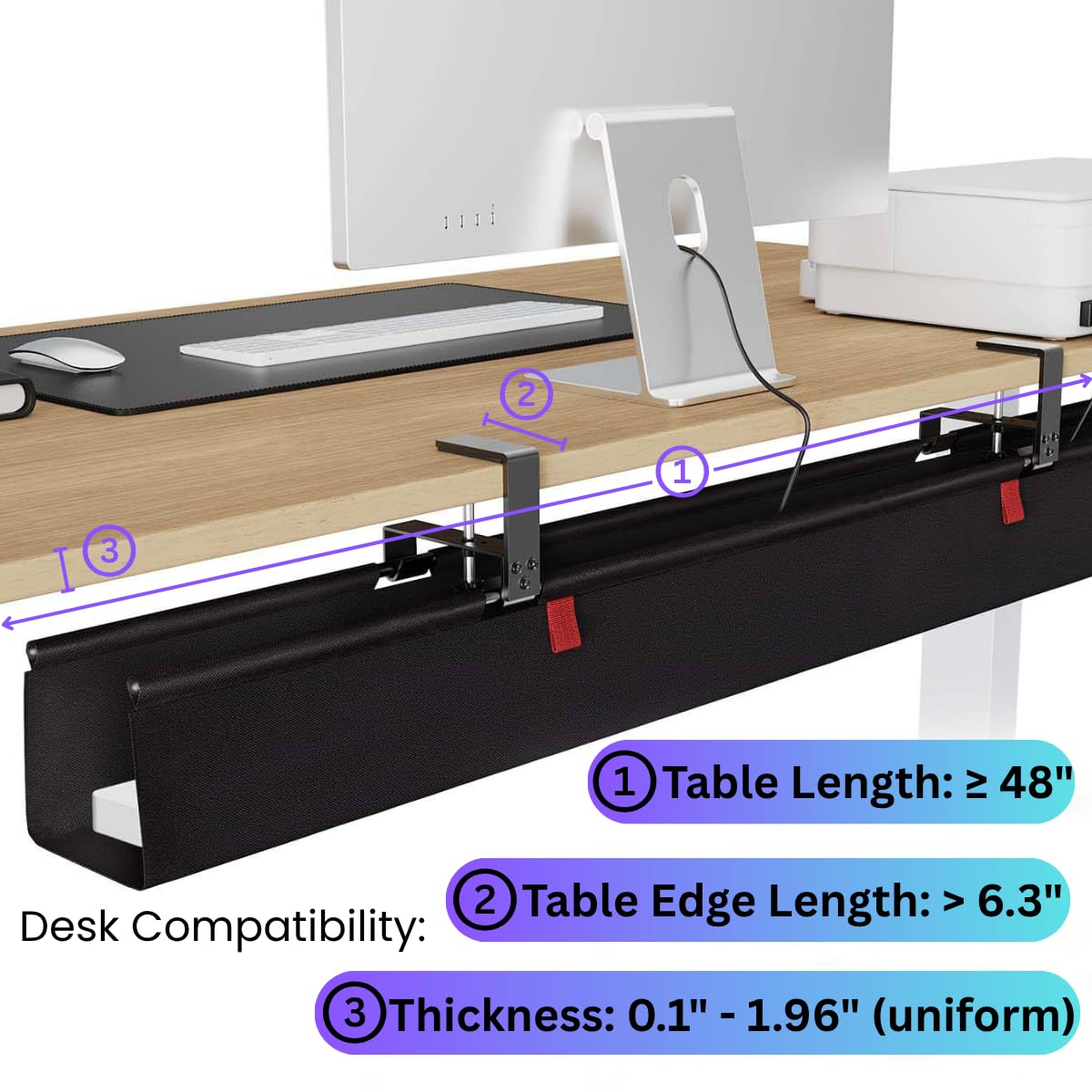 Under Desk Cable Management Tray, 48" Extra Large No Drill Cord Organizer with Easy to Clean Oxford Fabric, Clamp On Power Stripe Holder for Office, Home Office & Gaming Space