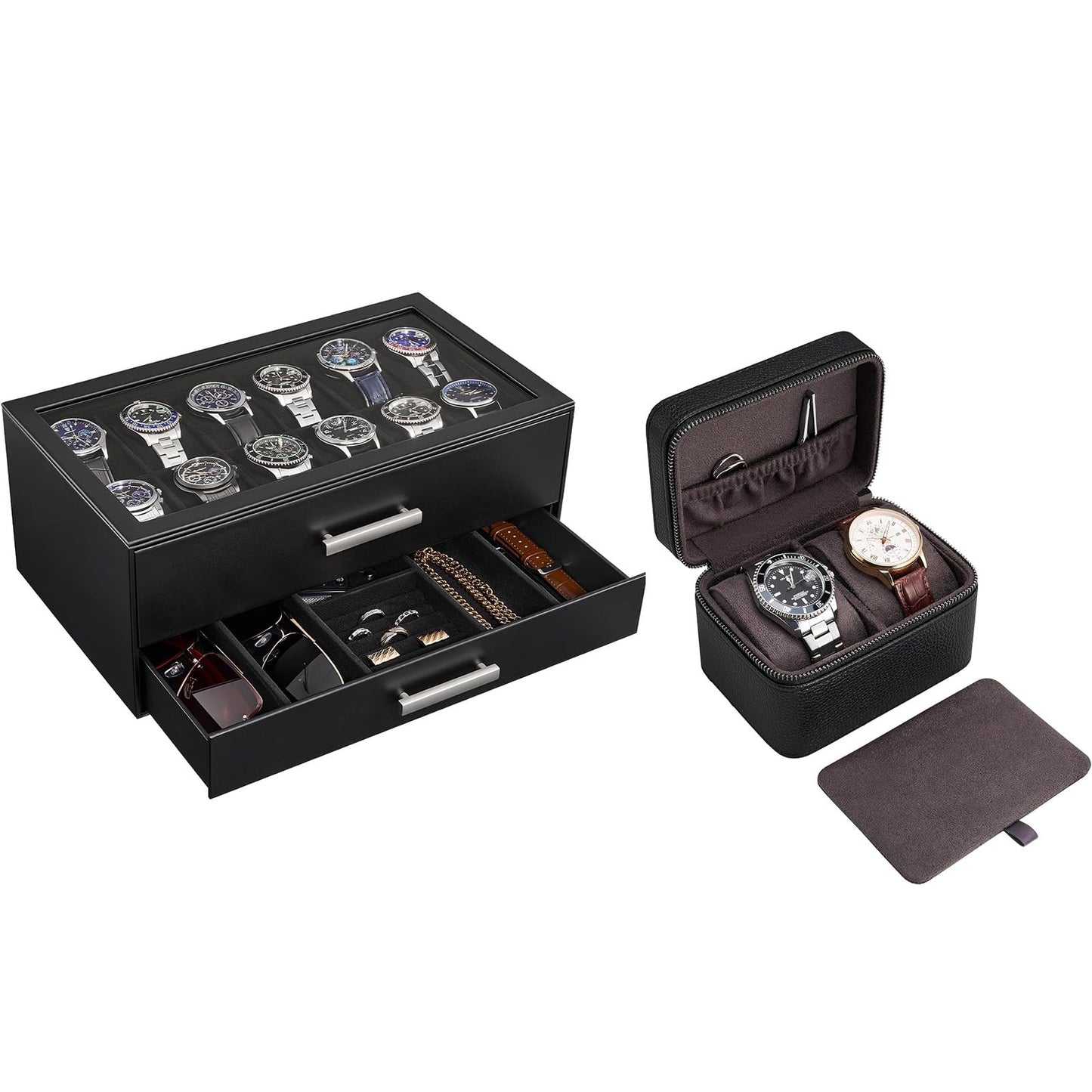 ProCase Black 12 Slot Watch Box and Black 2-Slot Watch Travel Case Bundle, 2-Tier Pull-Out Drawer Organizer, Clear Top Display Lid, Jewelry and Sunglasses Storage, Portable PU Leather Watch Holder