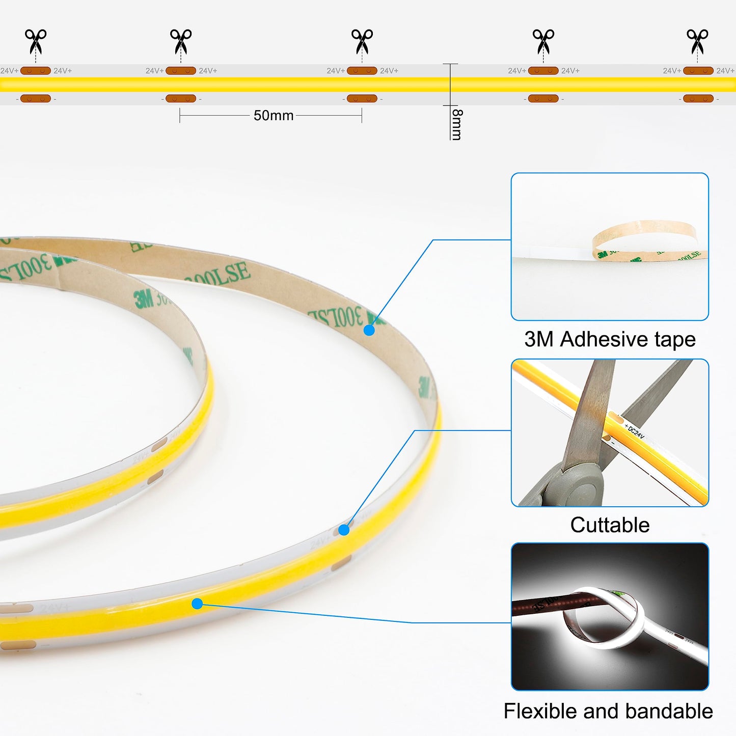 AXMOTUT 32.8ft White COB LED Strip Light, High Bright LED Strips with 320LEDs, RF Remote and UL Power Supply, 6000K Dimmable LED Lights for Bedroom, Kitchen, DIY Home Decoration, 2 Rolls of 16.4ft