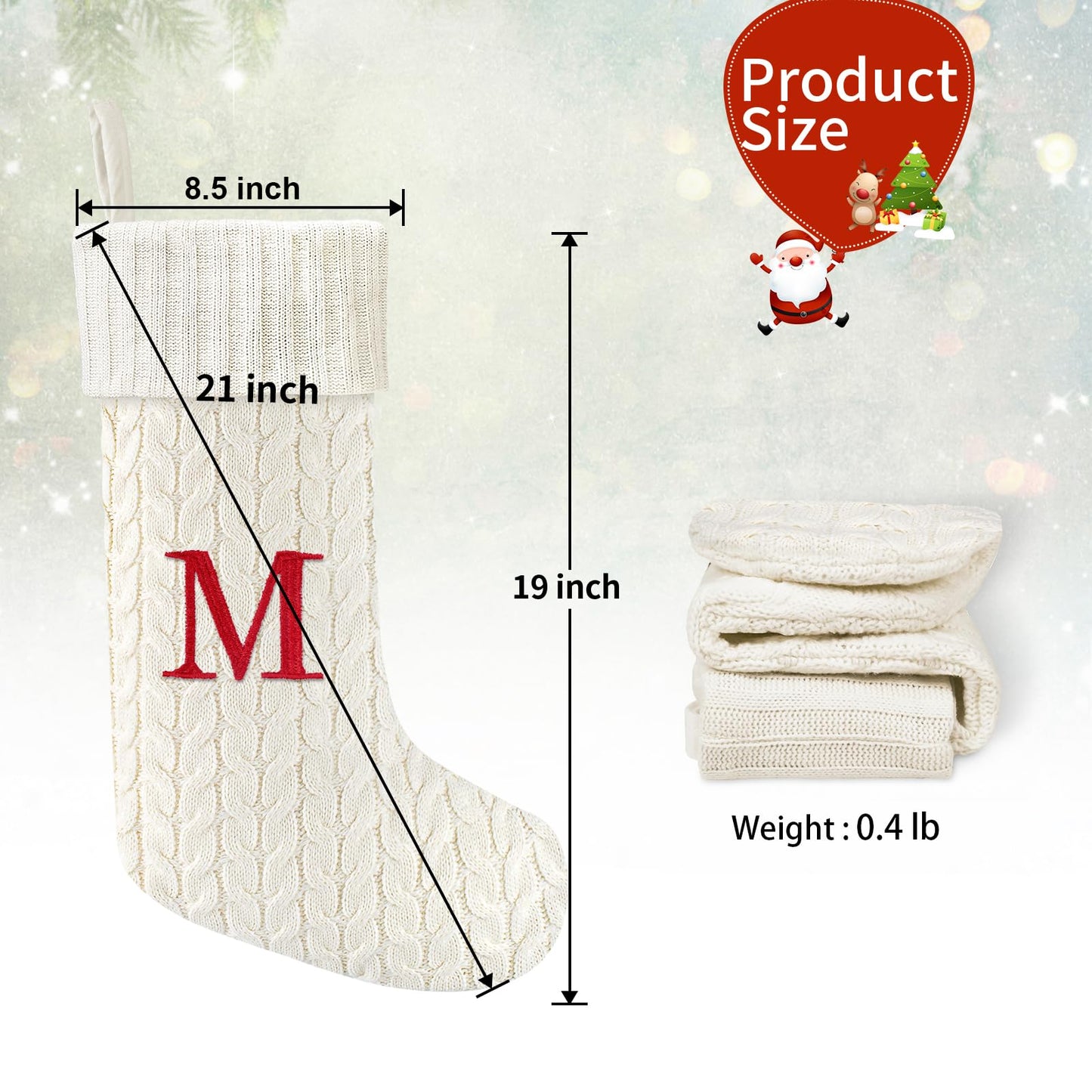 Yoochee 21 Inches Knitted Christmas Stockings with Initials, Large White Custom Monogram Embroidery Christmas Stockings with Letter, Personalized Xmas Decoration for Holiday Family Party-A
