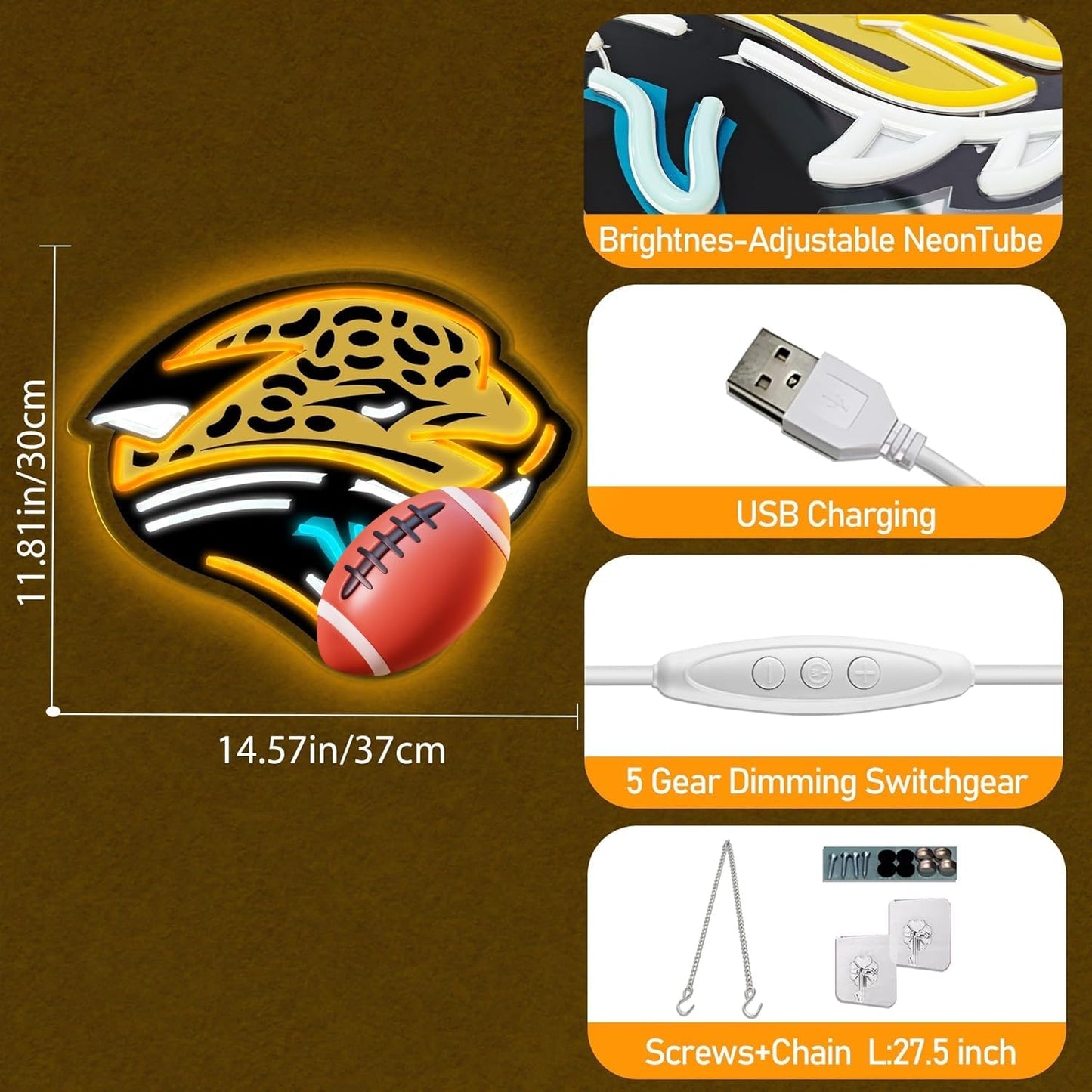 Football Team Neon Sign, Cool Dimmable Light Up Football Team Logo Hanging USB Powered for Wall Decor Art, Man Cave, Bedroom, Game Room Deco, Birthday Christmas Merch Gift for Boys Fans (Jegars)