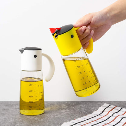 Vucchini Olive Oil Dispenser Bottle for Kitchen Cooking 10 oz - Auto Flip Vinegar Dispenser Container- Leakproof Glass Cruet with Non-Drip Spout Dispenser (white and yellow)
