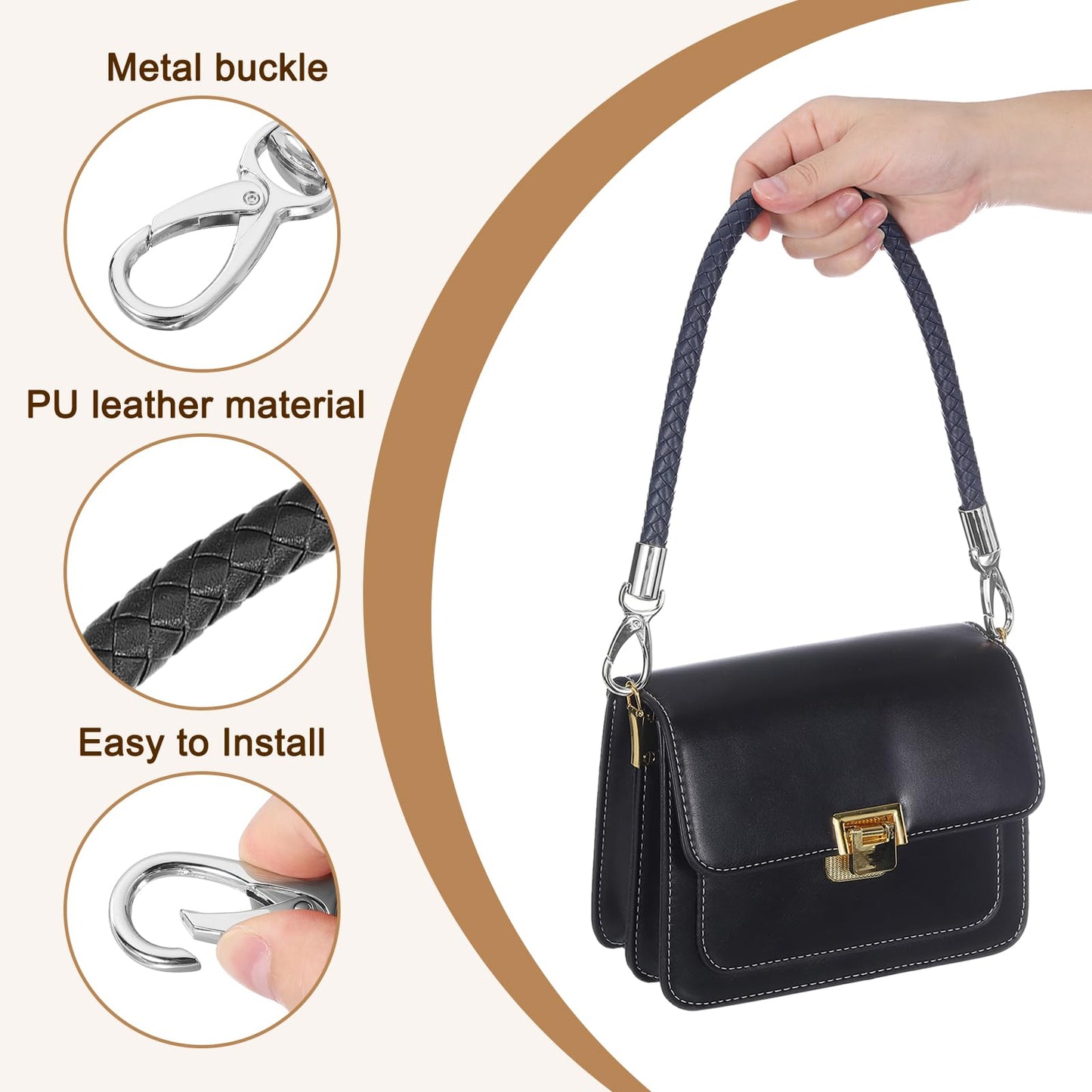 uxcell Leather Purse Strap, 2Pcs 60cm/23.62" Short Leather PU Braided Purse Replacement Handle with Metal Buckles for Underarm Bags, Handbags (Black Strap + Silver Clasp)
