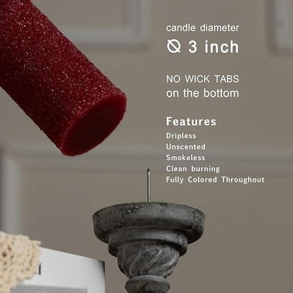 MOZEAL Hand-Poured Granular Texture Decorative Dark Red Pillar Candles Set of 3 (3"x4", 5", 6"), Approx 300 Hours Burn Time Dripless, Long Lasting,Unscented, Smokeless, for Christmas Decor