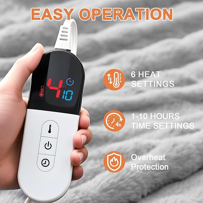 Heated Blanket Electric Throw Blanket 62''X 84''-Heating Blanket with 6 Heat Settings-10 Hours Auto Off,Cozy Faux Rabbit Fur Bubble Electric Blanket,Light Gray