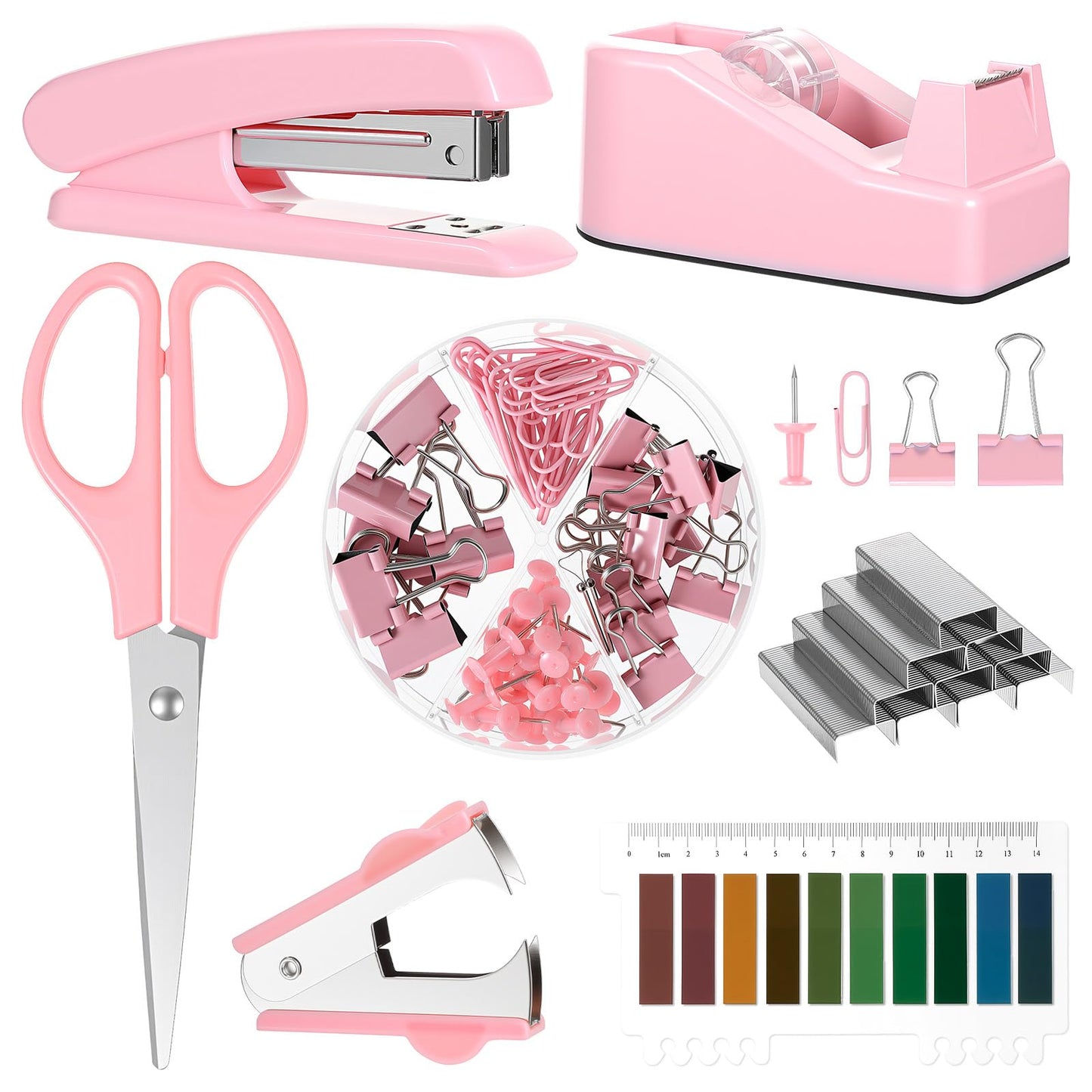 Pink Office Supplies Set, Desk Accessories for Women with Stapler, Tape Dispenser, Staple Remover, Staples, Clips, Scissor and Tabs, Gift for Students and Coworkers