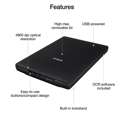 Epson Perfection V19 II Color Photo and Document Flatbed Scanner with 4800 dpi Optical Resolution, USB Power and High-Rise, Removable Lid