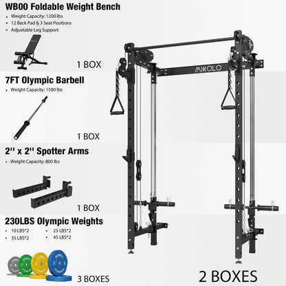 Mikolo Folding Squat Rack, Wall Mounted Power Rack with Cable Crossover Machine & LAT Pull Down, Functional Trainer with 5 Adjustable Function Modes, Upgraded Home Gym Package(Black)