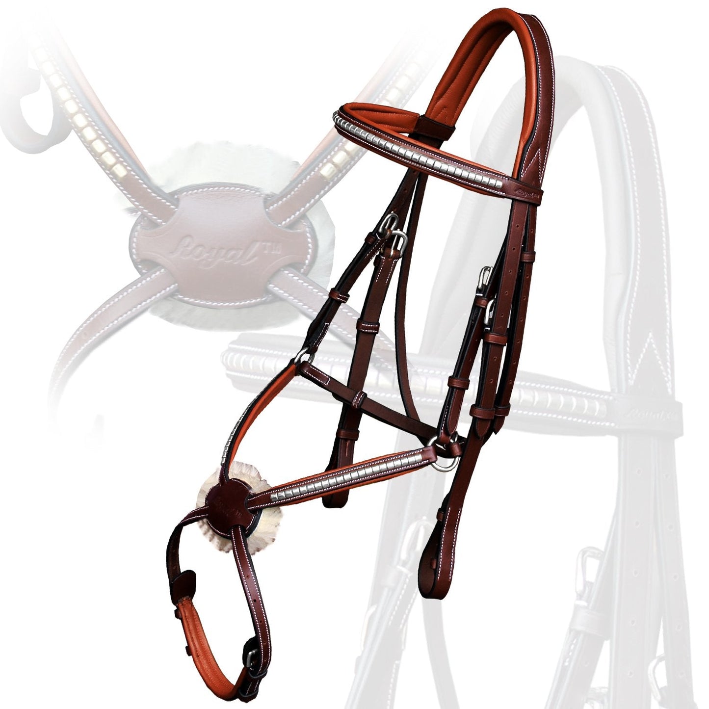 Exion Premium English Leather Figure 8 Bridle with Silver Clincher Noseband & Browband | Soft Padded Anatomical Crown Piece | Rubber Reins | Adjustable Fit | Jumping, Hunter, Eventing