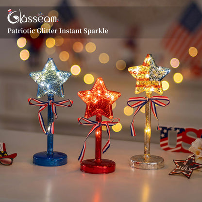 Glasseam 4th of July Decorations Centerpiece: 3PCS Memorial Day Decorations for Table Red White and Blue Lights with Timer Mercury Glass Patriotic American Flag Stars Lights for Home Party Ornaments