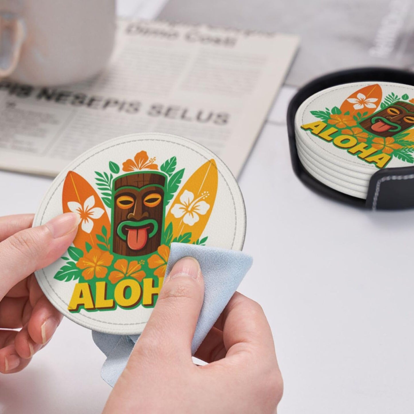 6 Pcs Leather Coasters for Drinks with Holder Sunflower Cute Bee Gnomes Coaster Sets Drink Table Cup Coasters for Kitchen Coffee Decor