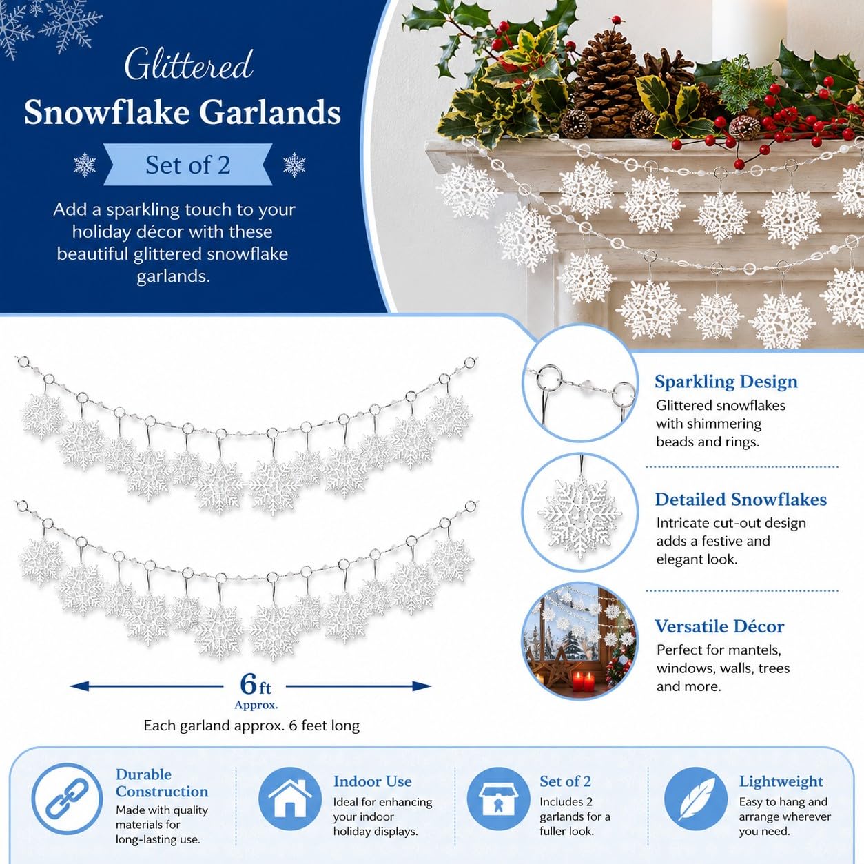 Snowflake Christmas Garland Decorations Set of 2 – 72 Inch Glitter Snowflake Hanging Garlands with Large 4” & 6” Snowflakes – Winter Wonderland Christmas Tree, Mantel, Staircase & Holiday Party Decor