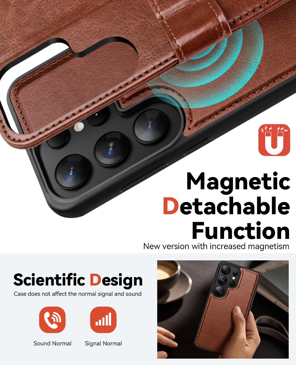 OCASE for Samsung Galaxy S25 Ultra Detachable Wallet Case with Card Holder, [2 in 1] PU Leather Flip Folio Case with RFID Blocking Stand Wrist Strap Shockproof Phone Cover 2025, Dark Brown