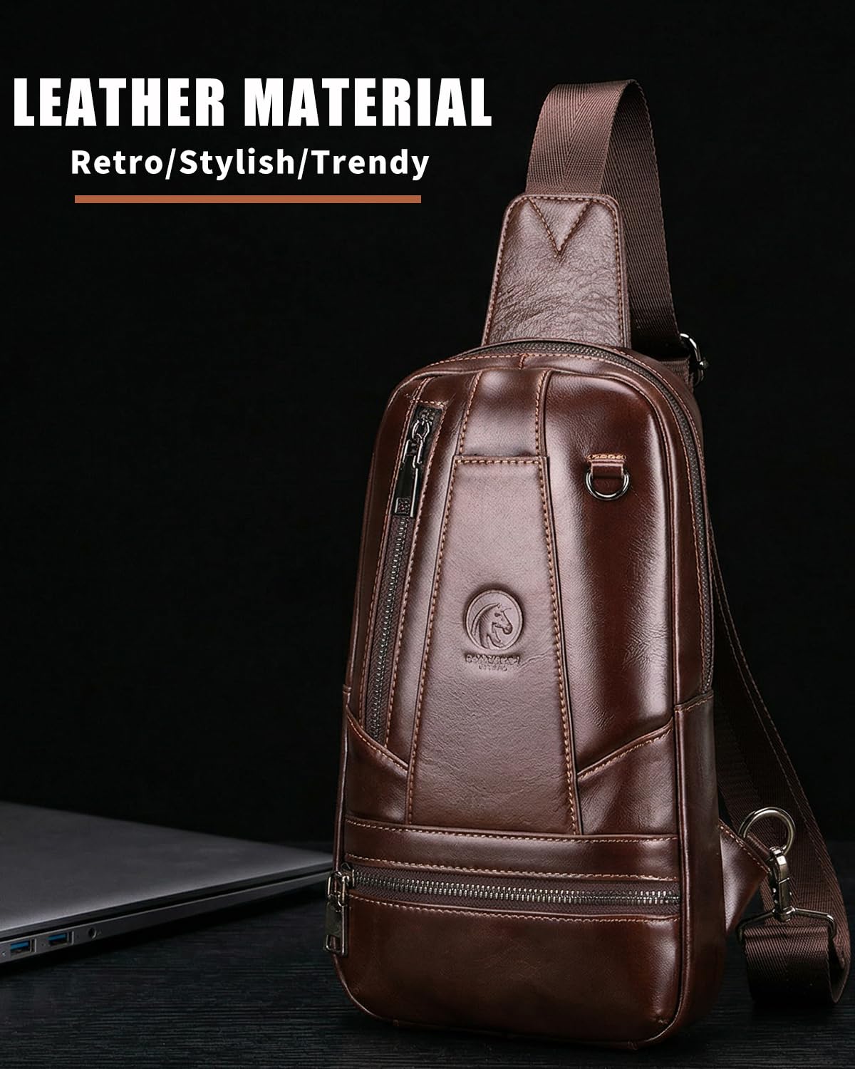 RAINBOW HORSE Genuine Leather Shoulder Bag, Men's Crossbody Chest Bag, Casual Front Pack, Suitable for Travel, Hiking, and Daily Use
