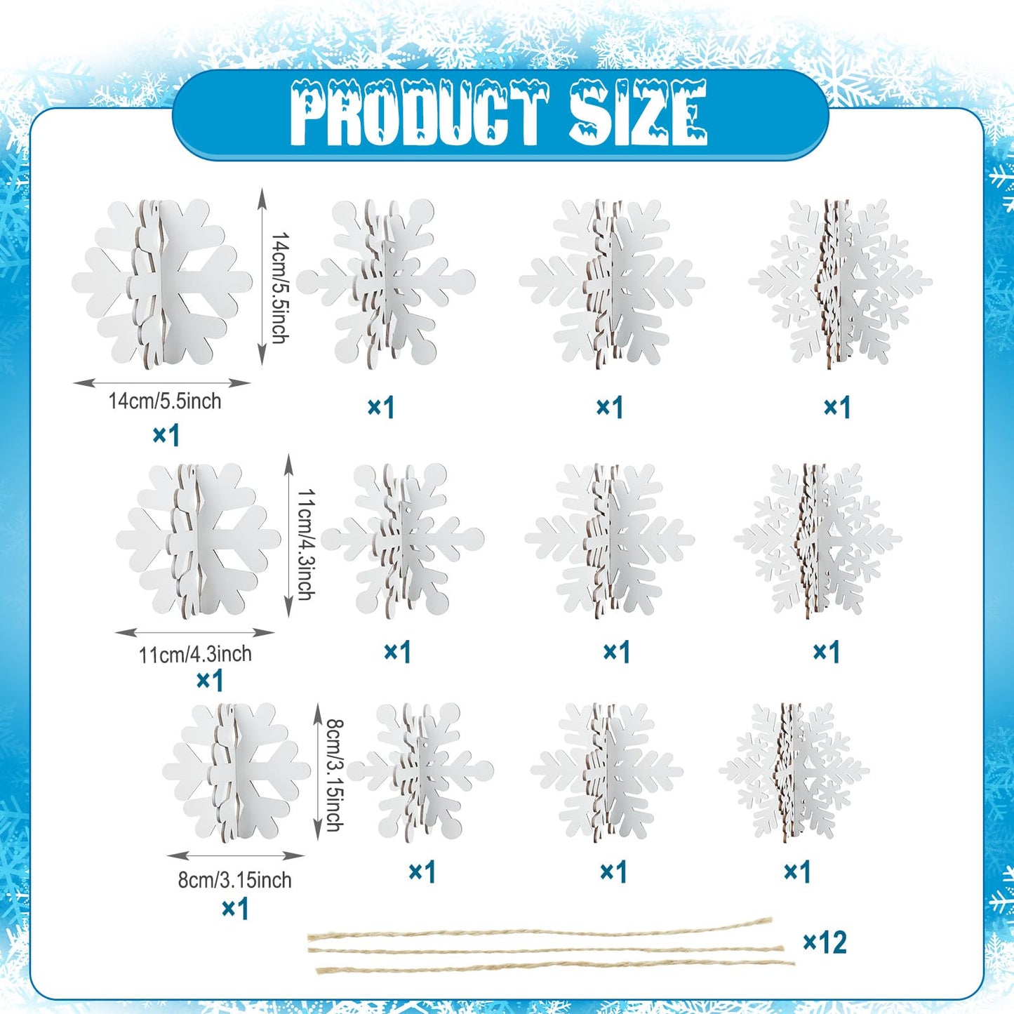 24 Pcs Snowflake Table Decorations 3D Winter Wooden Snowflake Table Centerpiece Hanging Signs Tabletop for Winter Wonderland Decoration Home Tiered Tray Holiday Party Supplies(White)