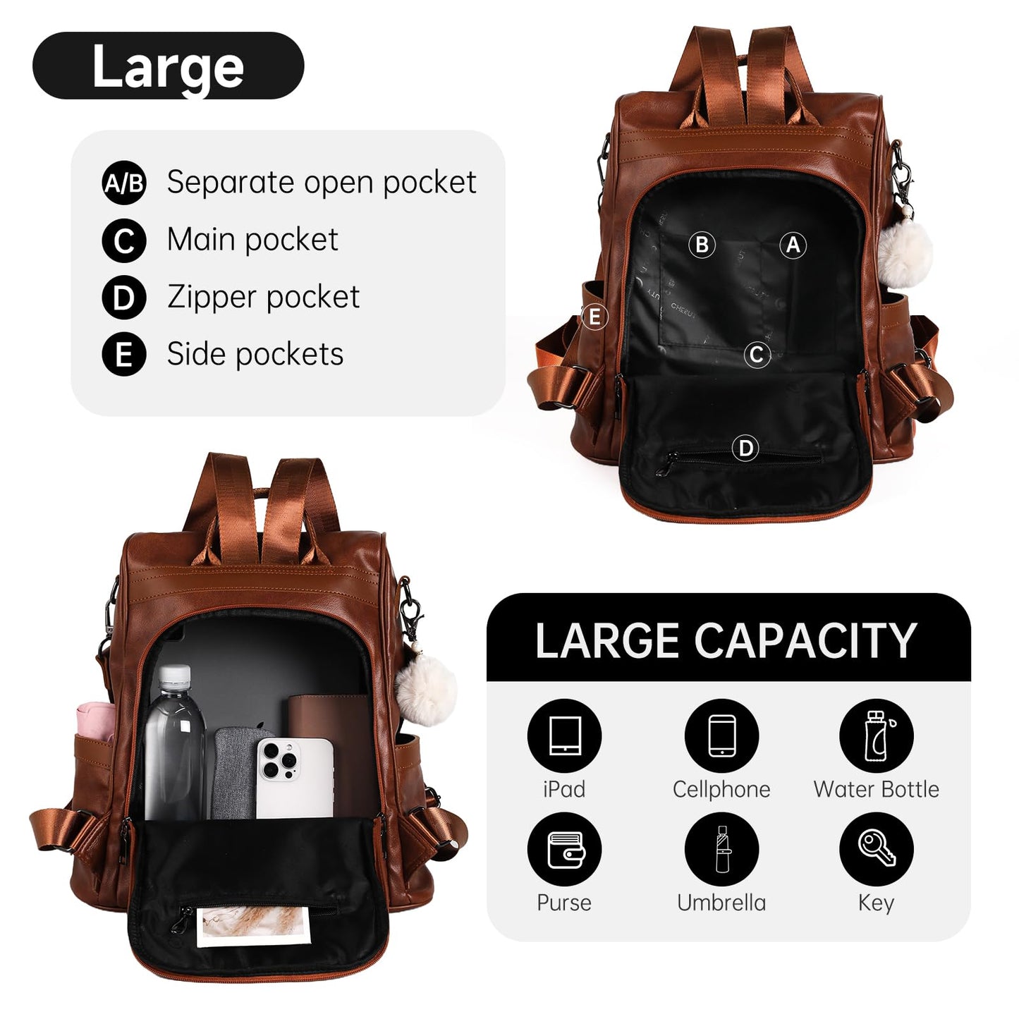 CHERUTY Women Backpack Purse PU Leather Anti-theft Casual Shoulder Bag Fashion Ladies Satchel Bags(Tan-Large)