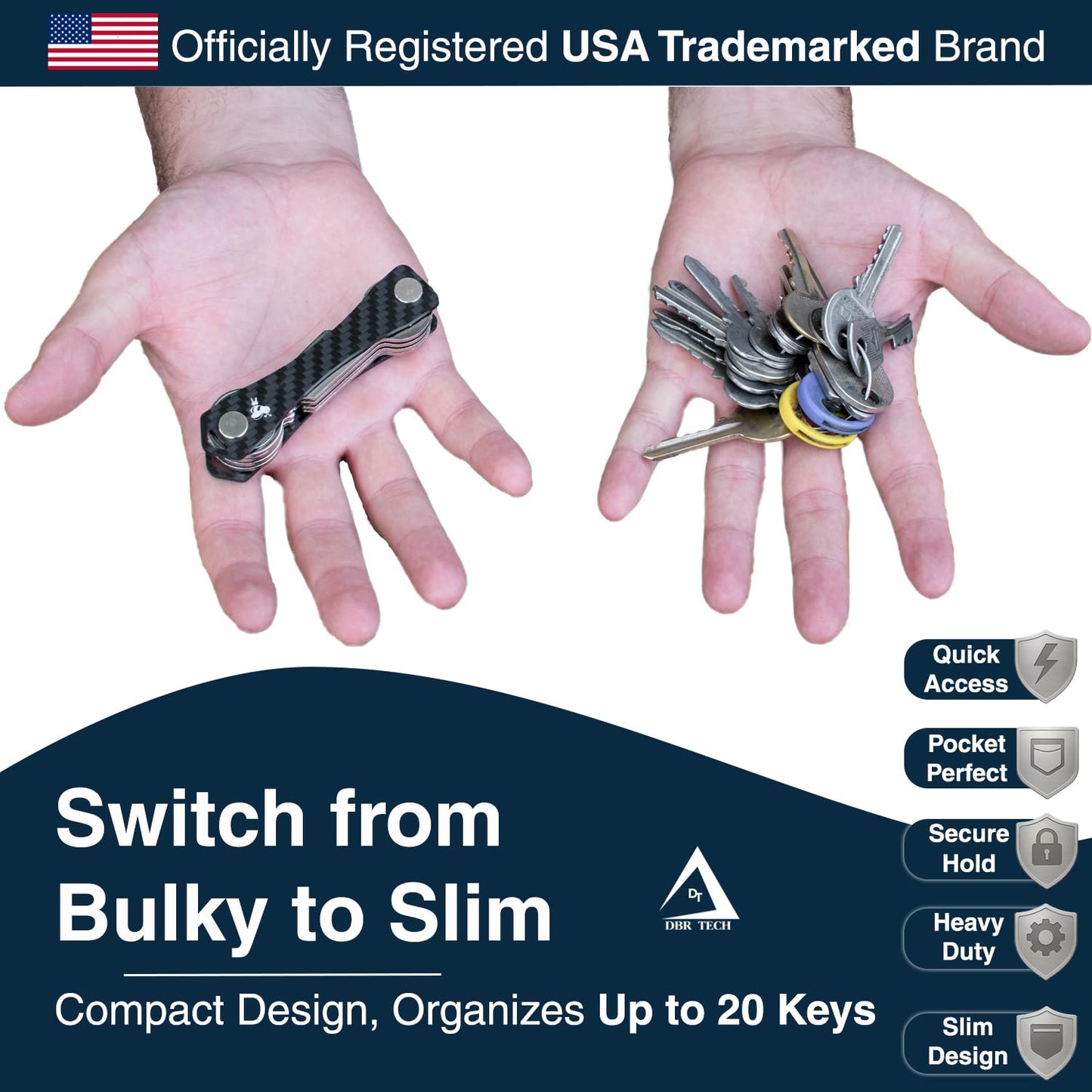 Carbon Fiber Compact Key Holder, Premium Smart Key Organizer Keychain (4-20 Slots), Heavy Duty Minimalist Multikey Folding Pocket Keyholder, Durable Locking Mechanism, Slick Slim Quiet Profile