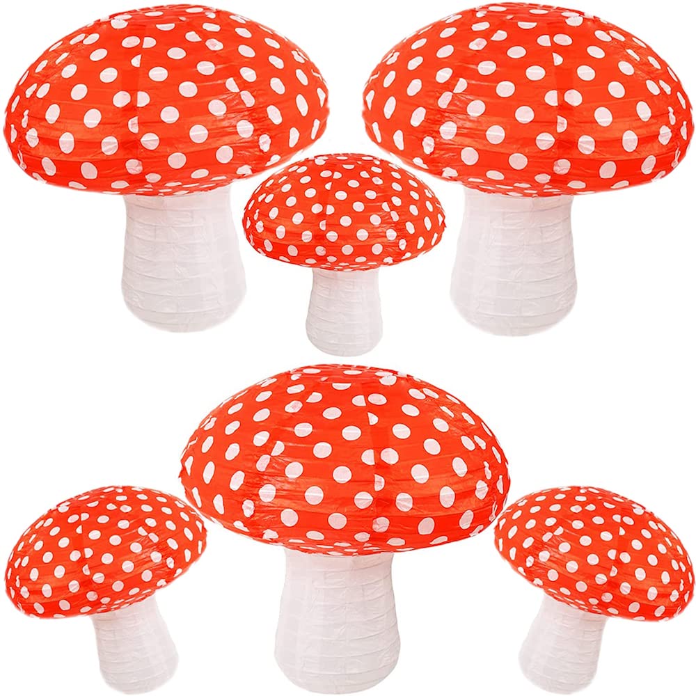 6Pcs Mushroom Paper Lanterns, 3D Mushroom Hanging Ornament for Wonderland Jungle Forest Themed Birthday Party Wedding Nursery Decor (Red, 6 Pack)